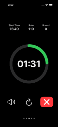 CPR timer on iPhone: a green progress ring with 01:31 remaining, rate 110, round 0.