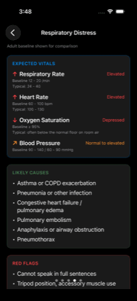 Respiratory distress detail on iPhone showing expected vitals with trend arrows and likely causes.