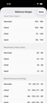 Reference Ranges editor on iPhone with heart rate, respiratory rate and blood pressure fields per age band.
