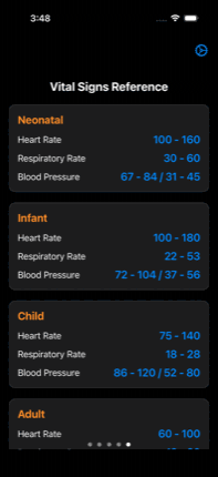 Vital Signs Reference screen on iPhone showing ranges per age group.