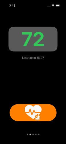 TapRate on iPhone showing a settled reading of 72 in green, with the tap button below.