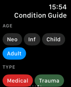 Condition Guide on Apple Watch with wrapping selector chips.
