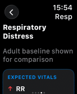 Respiratory distress detail on Apple Watch showing expected vitals.